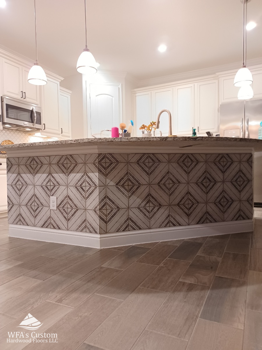 island tile backsplash installation in kitchen, wfa's custom hardwood floors, houston texas